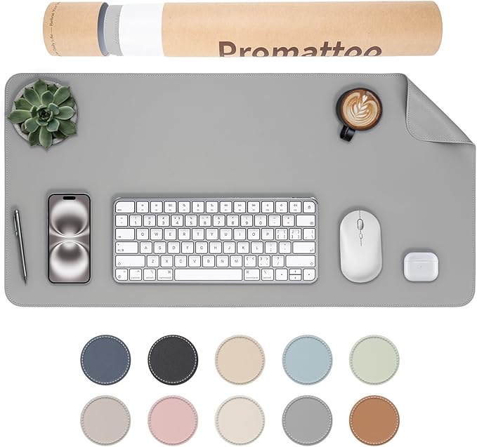 Oversized Non-Slip Desk Pad Protector with Premium Gift Box – Vegan Leather Waterproof Laptop Mat for Keyboard & Mouse, Grips Desk Firmly – Large Office Pad– Mist Gray