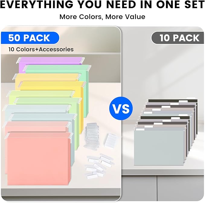 50-Pack Pastel Hanging File Folders, Letter Size with 55 Transparent Label Cards, 60 Sticker Labels,1/5-Cut Tabs–Home Office & Filing Cabinets