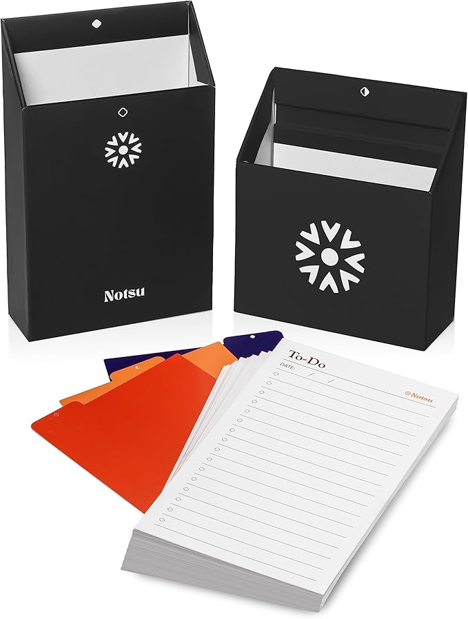 Notsu Centre Rise To Do List Card Box Set | 50 Foldable To-Do Vertical Notecards 3x5, Productivity Index Card Organizer Tab Dividers, Desk Card Holder Stand (Black)