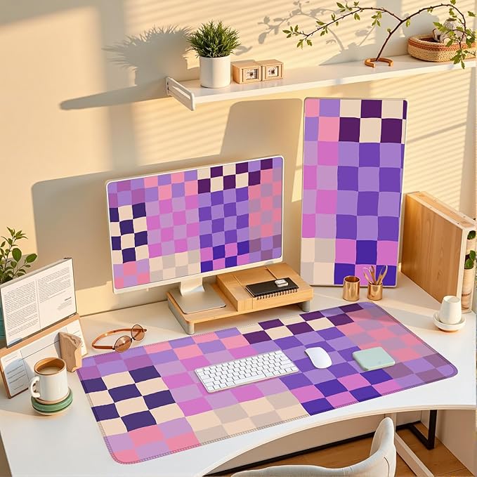 Pastel Purple Pink Checkered Desk Mat XXL Large Mouse Pad with Stitched Edges, Keyboard Pad Mouse Mat for Computer Deor Desk Matt for Desktop 31.5 X 15.7In