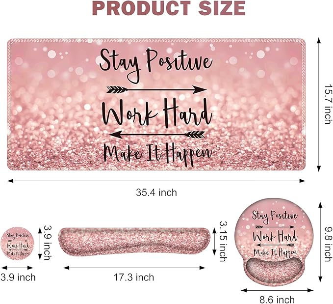 ToLuLu Desk Mat, XXL Large Mouse Pad Wrist Support Set，4 in1 Gaming Mousepad Desk Pad+ Ergonomic Mouse Pad with Wrist Rest + Keyboard Wrist Rest+Coaster for Women Home Office Table, Pink Stay Positive