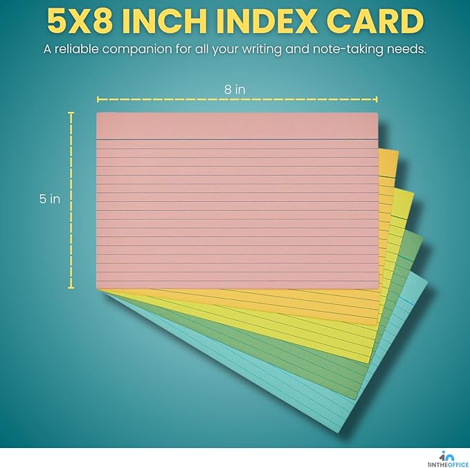 1InTheOffice Index Card 5x8 Ruled, Lined Note Cards, Flash Cards, Assorted Colors, 300/Pack