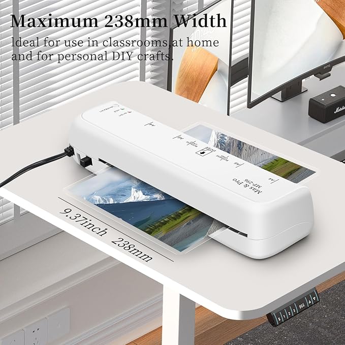 9 Inch Thermal Laminator with 40 Laminating Sheets, Small Desktop Laminator Machine for Home Office School Teachers, Hot/Cold, 3mil/5mil, Anti Jam, A4/Letter/Photos/Cards, White Laminator by Mas & Pro