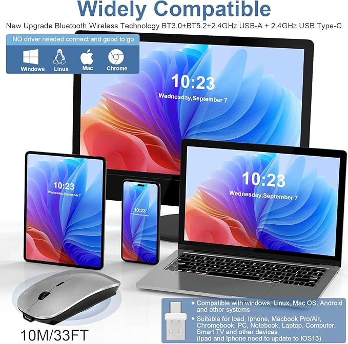 Wireless Bluetooth Mouse for Mac Air MacBook Pro Laptop PC Pad Optical Rechargeable Silent Mouse with Jiggler Mode Dual Mode Switch Bluetooth 5.2/3.0 and 2.4G USB-A & USB-C Receiver Black