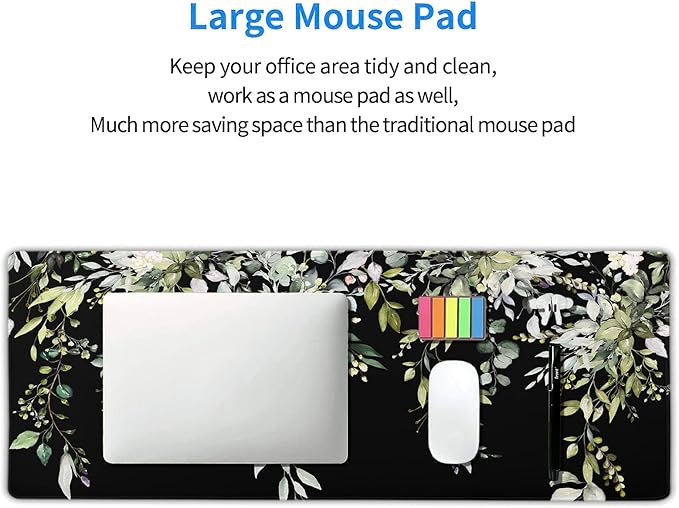 aportt Sage Green Leaves Gaming Mouse Pad XL Spring Summer Floral Extended Large Desk Mat Black Big Mousepad Non-Slip Rubber Base Stitched Edge Long for Desktop Office Computer Gamer,31.5×11.8 in