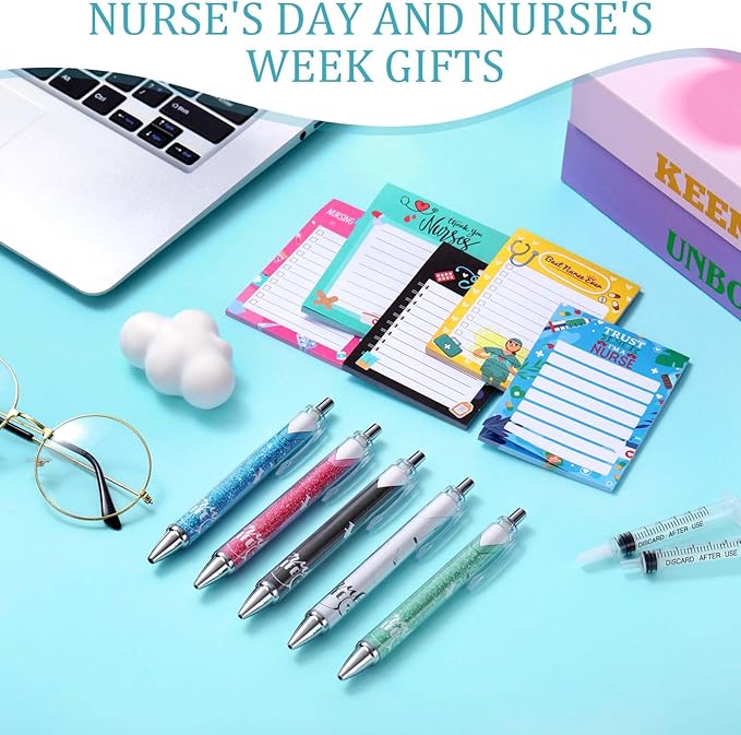 Geyoga 60 Pcs Funny Nurses Week Gifts Bulk 2026 Nurse Notepads with Pens Mini Sticky Notes Ballpoint Pens Nurse Appreciation Gifts for Certified Pharmacy Medical Assistant Office Work(Stylish)