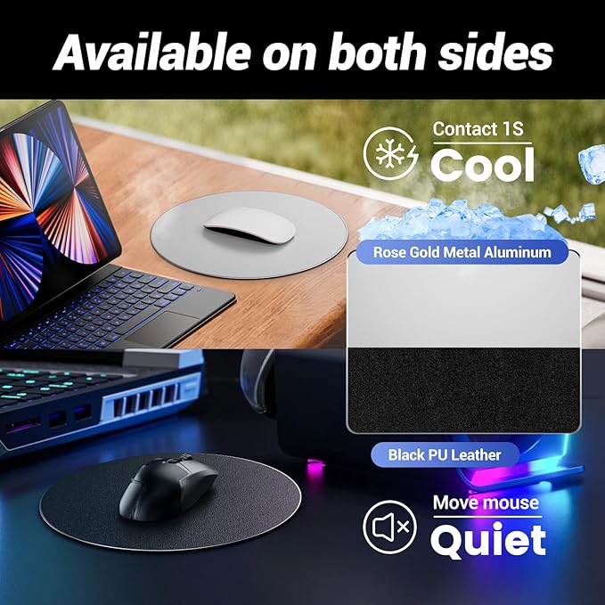 HONKID Metal Aluminum Mouse Pad, Thin Hard Mousepad, Double Sided Waterproof Fast and Accurate Control Mousepad for Laptop, Computer and PC, Office, 7.87 * 7.87 Round Silver