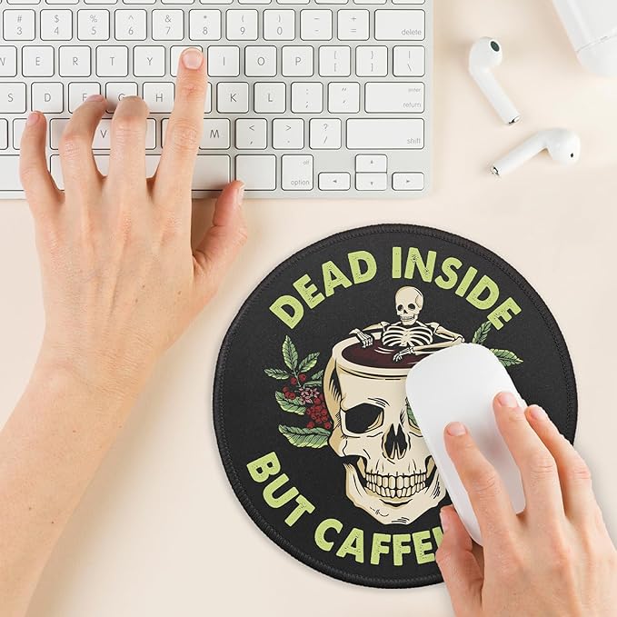 YAZMEEN Dead Inside But Caffeinated Mousepad, Funny Skull Mouse Pad with Stitched Edge Non-Slip Rubber Base, Skeleton Round Mouse Mat for Laptop Gaming Supplies, Home Office Desk Accessories