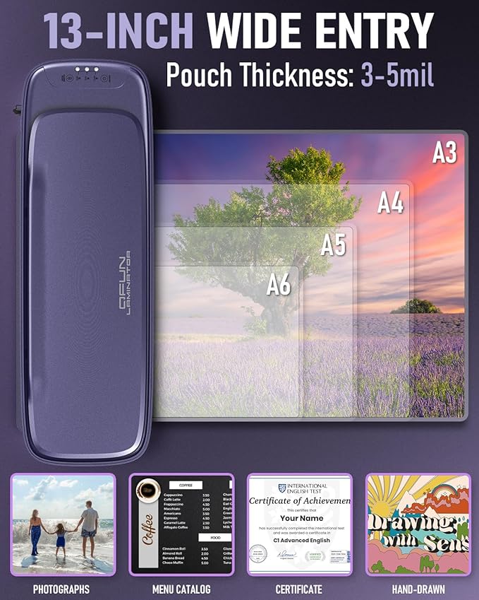 Laminator Machine 13-Inch Thermal Lamination Purple and 20 Pack Laminating Sheets 8.5 X 11 Inch Clear Thermal Laminating Pouches