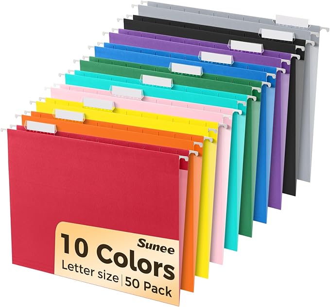SUNEE Hanging File Folders, 50 Pack Letter Size Hanging File Folders with 1/5-cut Tabs, Stay Organized for Your Home and Office Bulk File, Documents and Paper,10 Assorted Colors