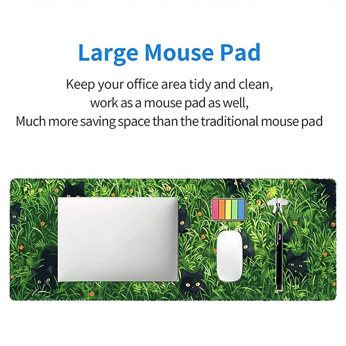 Cute Cat Desk Pad Mouse Pad Green Plant Kawaii Black Cat Flower Large Gaming Mouse Mat with Stitched Edges,Non-Slip Waterproof Rubber Base Mous Mat 31.5"x11.8" Office Computer Keyboard Laptop Home