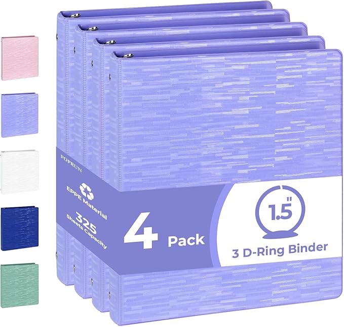 POPRUN 3 Ring Binder 1.5 Inch, PVC-Free, Holds 325 Sheets of 8.5 x 11 Paper, Extra Durable Organizer with 2 Pockets for School & Office, Heavy-Duty, 4 Pack, Cornflower Purple