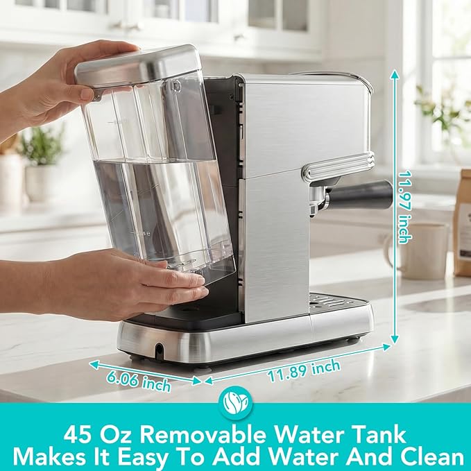 Electactic Espresso Machine 20 Bar, Stainless Steel Espresso Maker with Aluminum Steam Milk Frother, Compact Coffee Machine with 45oz Removable Water Tank, for Cappuccino,Latte&Cold Brew Home&Office