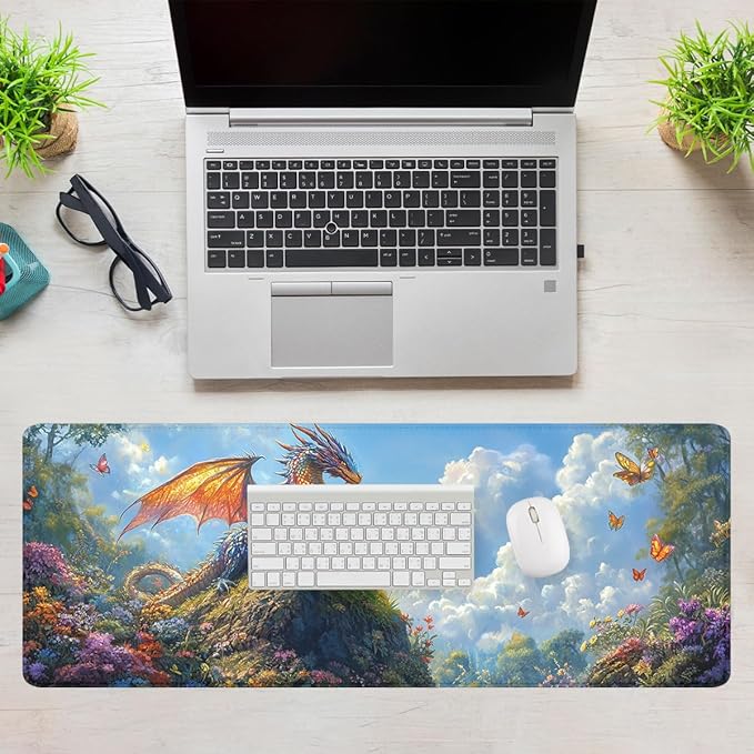 Fantasy Dragon Desk Pad Mouse Pad Forest Colorful Butterfly Flower Mousepad XL Large Gaming Mouse Pad Laptop Keyboard Mat Desk Pad 35.4"x15.7" Office Home Decor for Women Girl