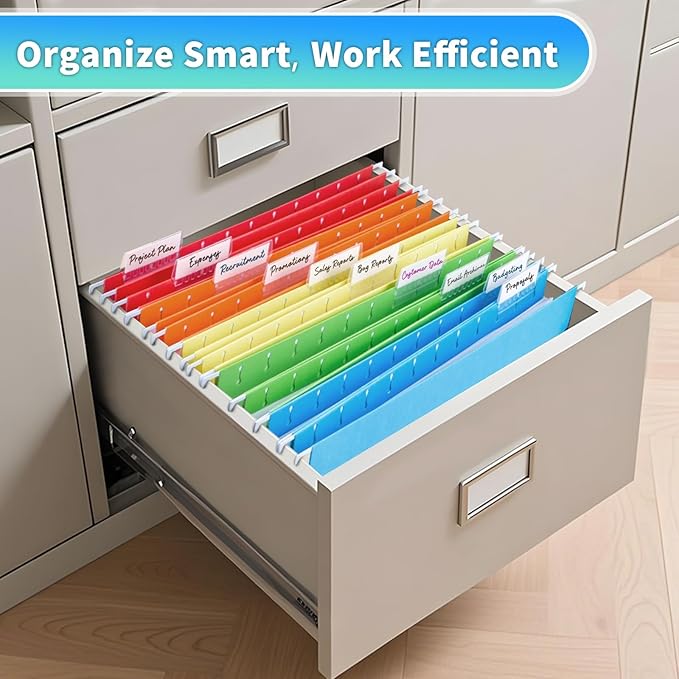 25-Pack Assorted Hanging File Folders,Letter Size with 35 Transparent Label Cards,50 Sticker Labels,1/5-Cut Tabs–Home Office & Filing Cabinets
