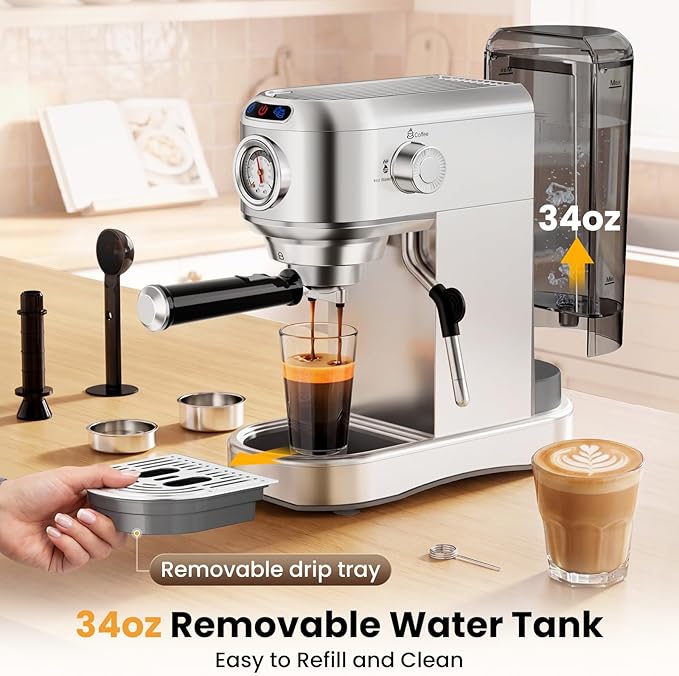 Espresso Machine 20 Bar, Compact Espresso Coffee Machine with Milk Frother, Stainless Steel Coffee Maker with 34oz Removable Water Tank, Cappuccino Machine for Home, Office, Fathers Day Dad Gifts