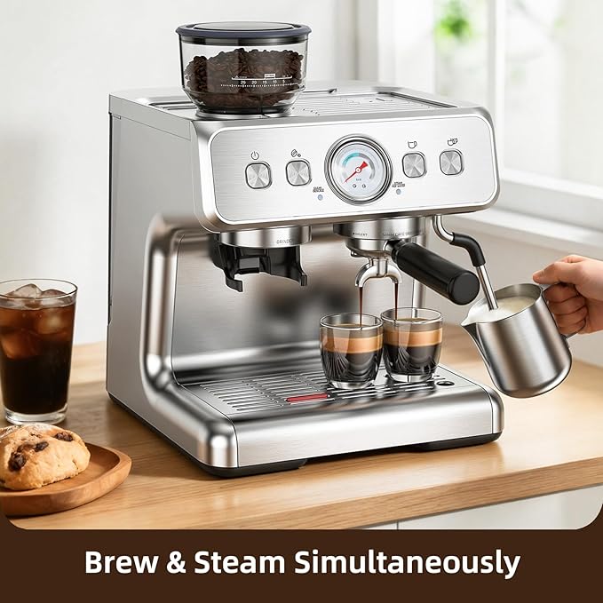 Electactic 15 Bar Espresso Machine with Grinder & Milk Frother, 58mm Expresso Coffee machines, Stainless Steel Coffee Maker for Cappuccino and Latte, Perfect for Home and Café Use-Dual Boiler