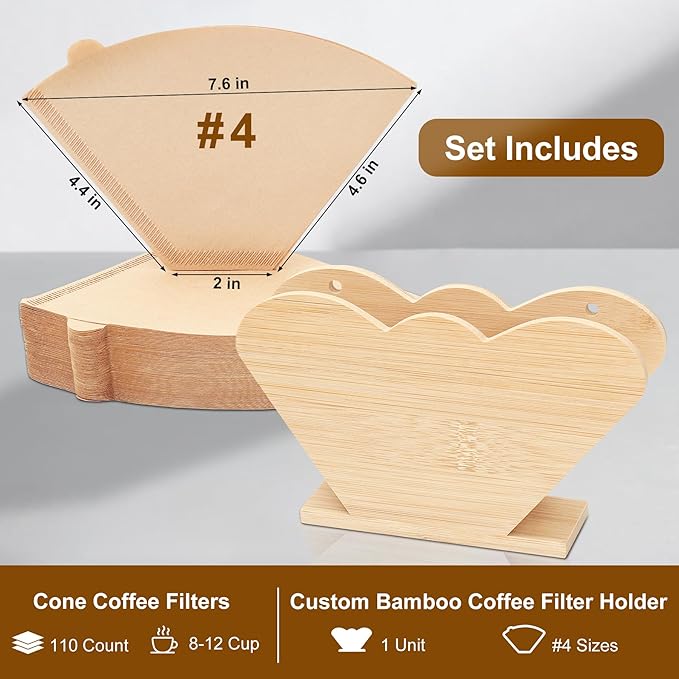 110 Count #4 Cone Coffee Filters and Holder Set, Fits 8-12 Cup, Tear-Resistant Seams, Unbleached