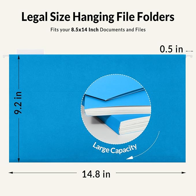 SUNEE Hanging File Folders Legal Size, Blue File Folders 25 Pack 1/5-Cut Tabs, Stay Organized for Your Home and Office Bulk File and Documents
