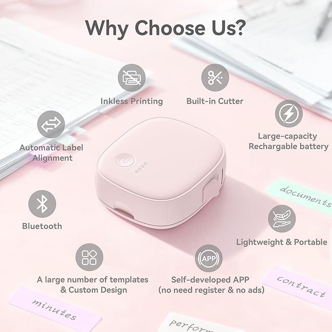 Mini Label Maker Machine with Tape AH-P05 - Portable Bluetooth Mini Label Printer, Wireless Thermal Label Maker, Waterproof & Rechargeable, Built-in Cutter, for Home, Office, Kitchen - Pink