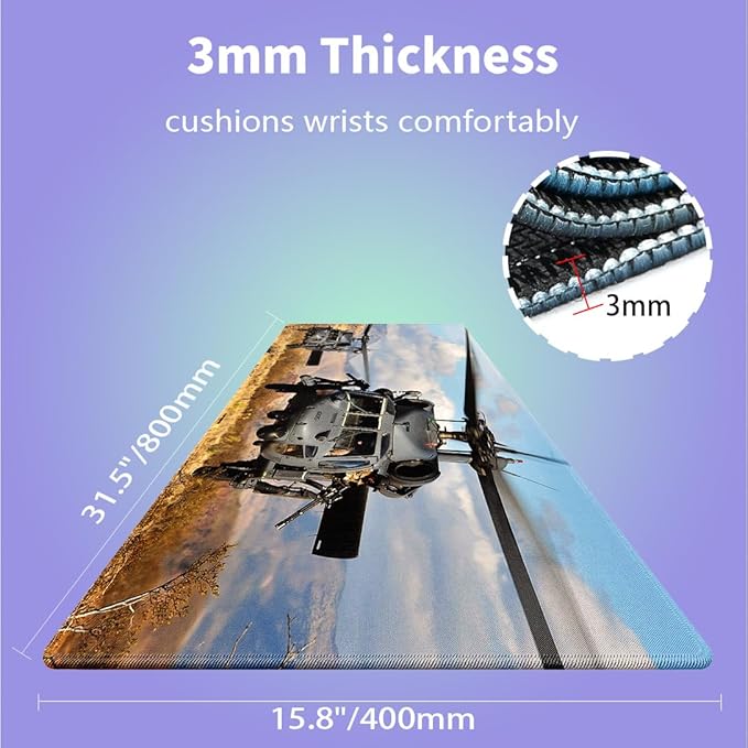 Large Gaming Mouse Pad (31.5" x 15.8") - UH-60 Black Hawk Military Helicopter Gunship Fighter Aircraft, Extra XXL Office Accessories, Premium Stitched Anti-Slip Patriotic Desk Mat