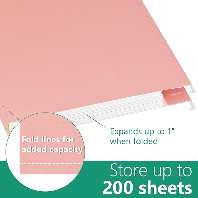 Hanging File Folders,25 Pack Pink Folders,Reinforced Hang Folders Letter Size,Adjustable 1/5-Cut Tabs,Designed for Bulky Files,Filing Cabinet