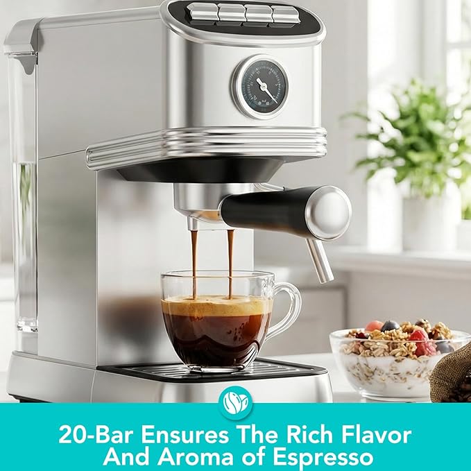 Electactic Espresso Machine 20 Bar, Stainless Steel Espresso Maker with Aluminum Steam Milk Frother, Compact Coffee Machine with 45oz Removable Water Tank, for Cappuccino,Latte&Cold Brew Home&Office