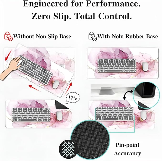 XXL Extended Gaming Mouse Pad (47.2 x 23.6 Inch), Giant Pink Floral Desk Mat for Full Coverage, Luxury Alcohol Ink Marble Design, Non-Slip Blotter, Premium Workspace Protector