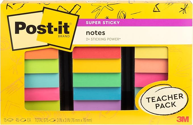 Post-it Super Sticky Notes Teacher Pack, Assorted Colors, 3 in. x 3 in., 15 Pads, 45 Sheets/Pad (654-15SSBTS-SR)