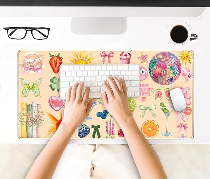 Cute Pink Boho Pastel Desk Mat Colorful Desk Mat for Keyboard and Mouse XXL Large Mouse Pad Desk Pad Mat Floral Cozy Aesthetic Desk Decor for Women Girl Teacher