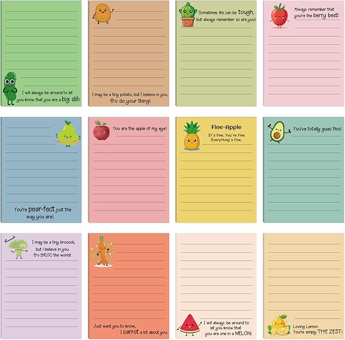 12 Pcs Cute Inspirational Sticky Notes, 4*3 Motivational Notepads Positive Emotional Support Gift Funny Lined Memo Note Pads for Office Desk Supplies Coworker Employee(Fruits,Vegetables)