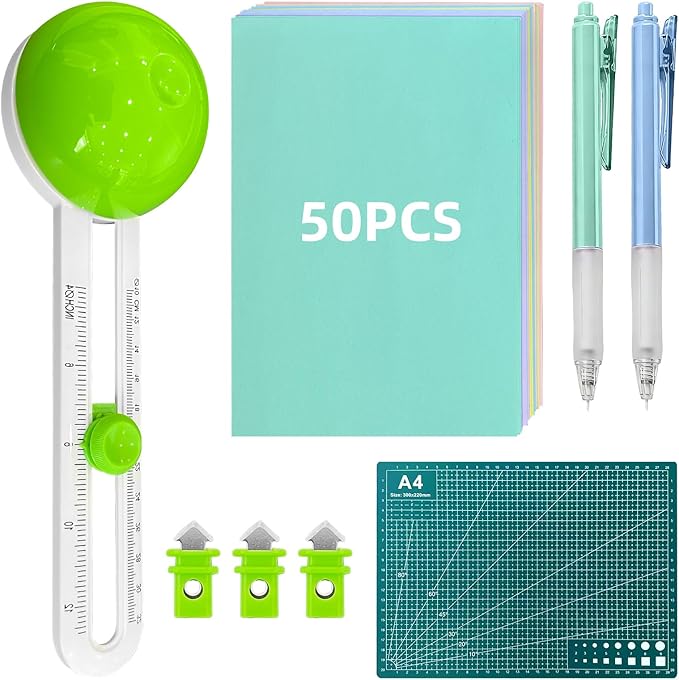 Circle Cutter, Craft Rotary Circle Cutter Compass Cut Paper Trimmer with 3 Replaceable Blades for Art and DIY Crafts, Cards Making Includes 50 Sheets of Cardstock, Cutting Mat and 2 Cutting Pens
