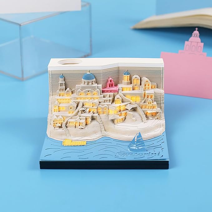 Santorini Memo Pad 3D with Light,Kawaii Memo Pad Non-Stick 3D Sticky Notes,3D Art Craft Note Pad Three-Dimensional Paper Art Notepad with Pen Holder Silhouette DIY Creative Gift