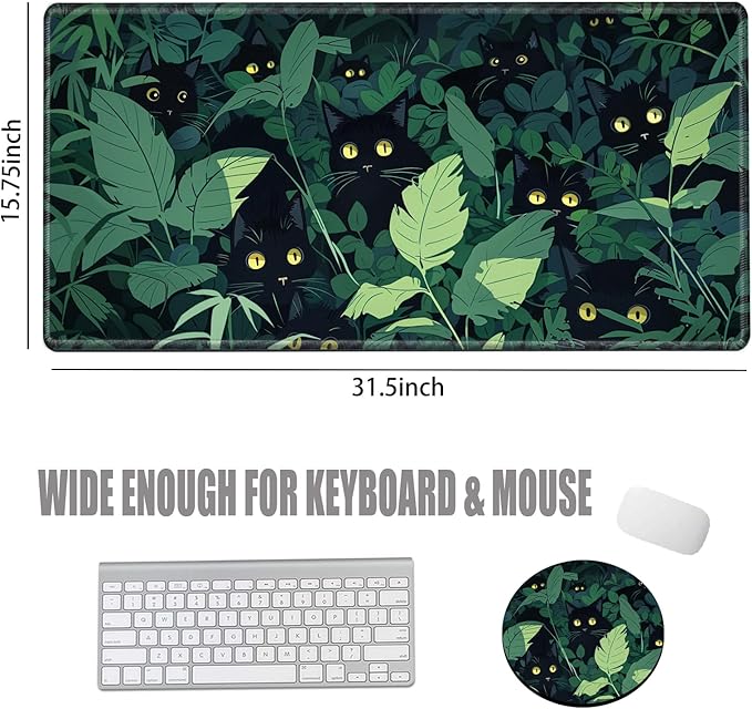 Gaming Mouse Pad Black Cute Cat Desk Mat Large Mousepad 31.5''X15.75'' Desk Pad XXL Computer Mat Big Non-Slip Mouse Mat for Women Office Work Home