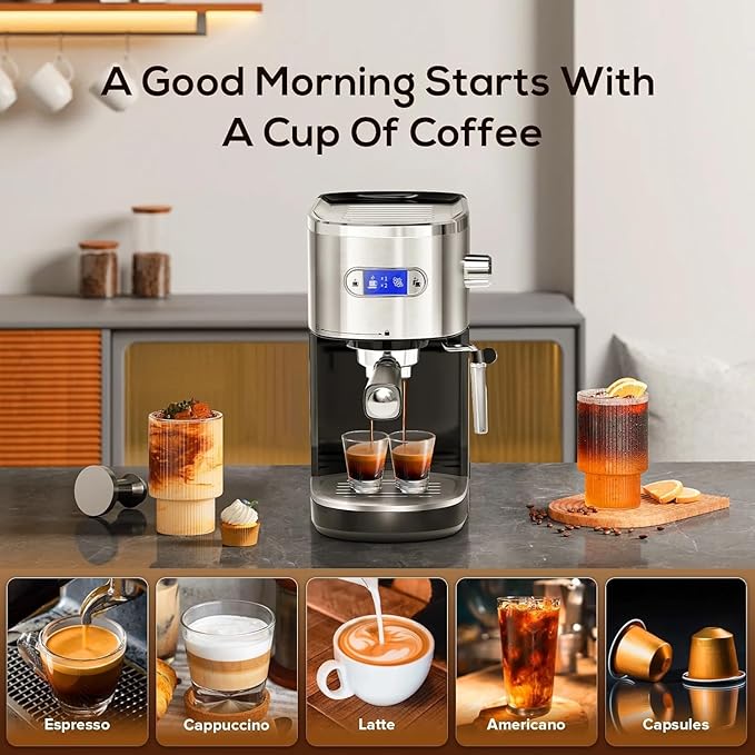 Xbeauty Espresso Machine 20 Bar, Semi-Automatic Professional Coffee Machine for Cappuccino & Latte with Milk Frother Steam Wand,LCD Display,45 oz Removable Water Tank,NTC Digital Temp Control,Black
