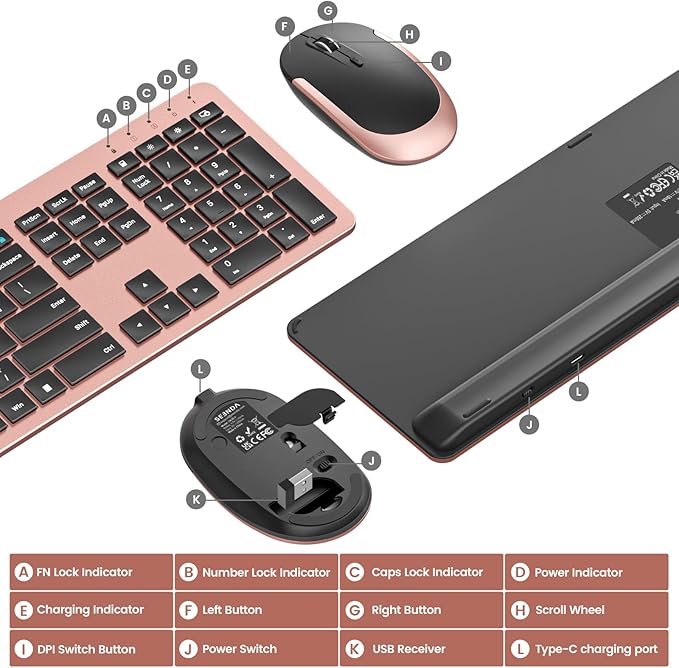 seenda Wireless Keyboard and Mouse Combo, Rechargeable Quiet Keyboard Mouse, Sleek and Ultra Thin Design, Full-Size with Number Pad for Windows, Laptop, PC, Notebook, Desktop (Rose Gold & Black)