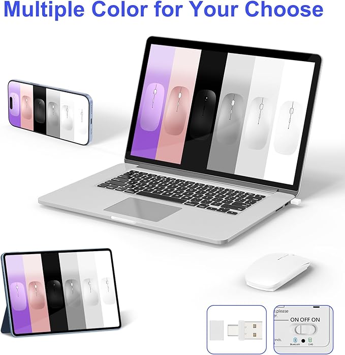 Bluetooth Wireless Mouse for MacBook Air Mac Pro Laptop Computer iPad Pad PC Laser Optical Rechargeable Mini Slim Silent Mouse Widely Used Desktop Hp iMac (White)