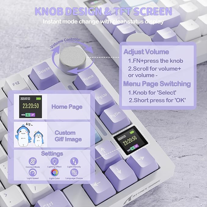 ATTACK SHARK X820 Ultra 75% Wireless Gaming Mechanical Keyboard Hot-Swappable Gasket Mount RGB Backlit BT/2.4G/Wired Custom Keyboard with Smart TFT Display&Knob QMK Driver-Starlight White&Shark Switch