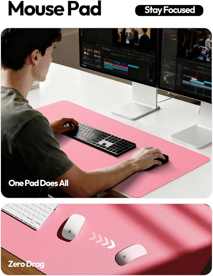 YSAGi Leather Desk Protector, Office Mat, Large Mouse Mat, Non-Slip PU Leather Blotter, Laptop Desk Mat, Waterproof Writing Pad for Office and Home (Pink, 35.4" x 17")