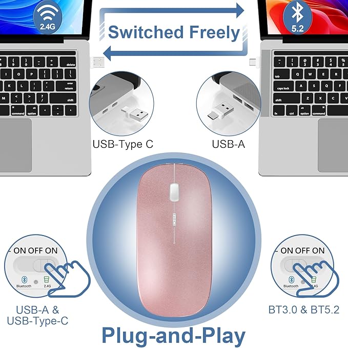 Wireless Bluetooth Mouse for Mac Air MacBook Pro Laptop PC Pad Optical Rechargeable Silent Mouse with Jiggler Mode Dual Mode Switch Bluetooth 5.2/3.0 and 2.4G USB-A & USB-C Receiver Black