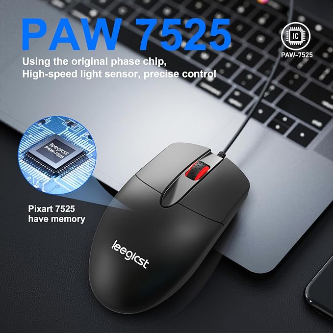 Ergonomic Optical Wired Mouse – M102 Wired 3-Button USB Computer Mice for laptops,Chromebook,MacBook,PC Computer (Black)