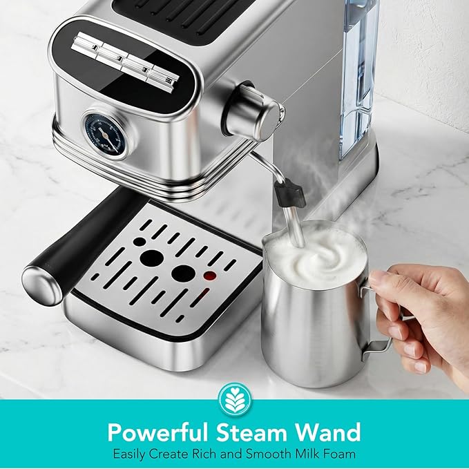 Electactic Espresso Machine 20 Bar, Stainless Steel Espresso Maker with Aluminum Steam Milk Frother, Compact Coffee Machine with 45oz Removable Water Tank, for Cappuccino,Latte&Cold Brew Home&Office