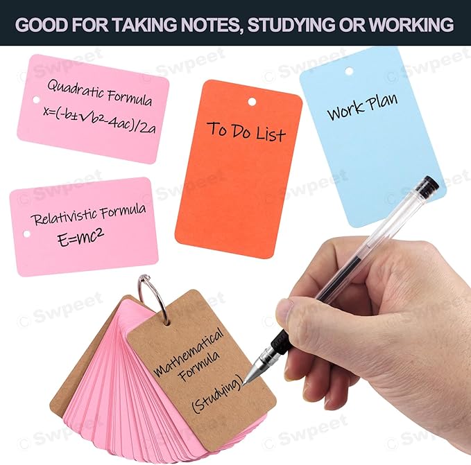 Swpeet 300 Sheets 2.1 x 3.5 Inch Colored Index Cards with Binding Rings, Notecards Index Cards, 6 Colors Easy Flip Flash Card Blank for School Learning Memory Recipe Cards Game Card