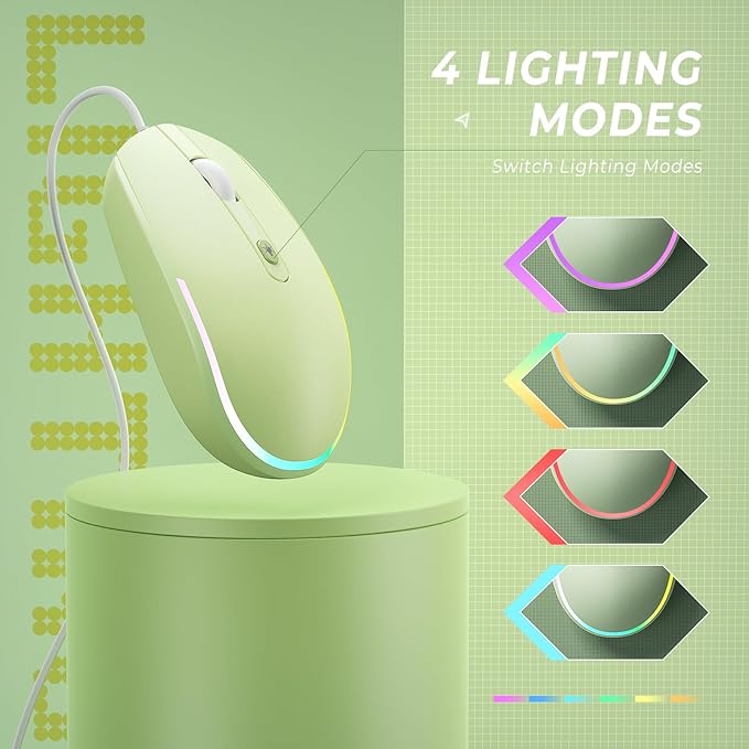 seenda Wired Mouse - USB Computer Mice Wired with RGB Backlit Optical LED Mouse with Attached USB Cord for Laptops Notebooks Chromebook - Green