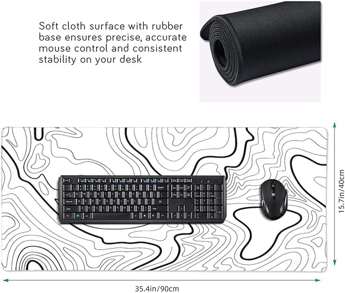 XXL White Topographic Contour Big Mouse Pad Large,Gaming Mouse Pad Desk Pad,35.4x15.7x0.12 Inch Long Computer Keyboard Mouse Mat Mousepad Non-Slip Base and Stitched Edge for Gaming and Office
