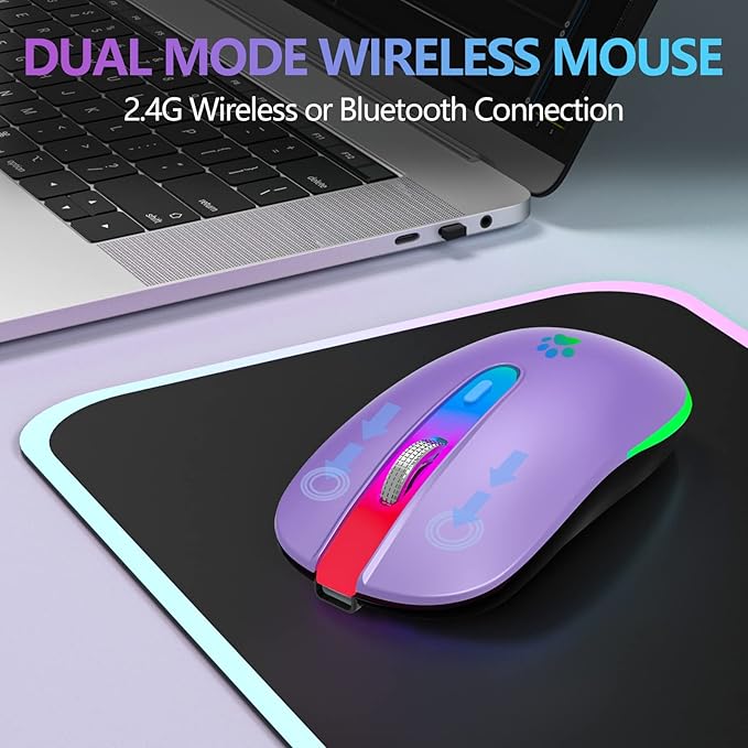 FUWANG Wireless Mouse, Rechargeable LED Wireless Bluetooth Mouse, Portable USB Optical 2.4G Bluetooth Two Mode Computer Mice with USB & Type-c Receiver for Laptop//Tablet/Computer/PC, Purple