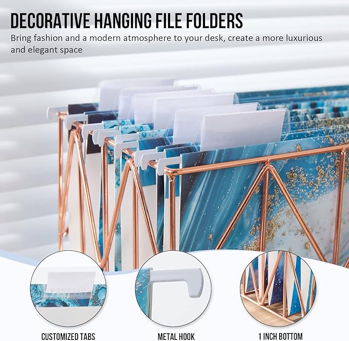 Y YOMA 18 Pack Decorative Hanging File Folders Letter Size Marble Cute Hanging Folder Pretty File Folder Organizer for Filing Cabinet Office Home with 1/5-Cut Adjustable Tabs, 3 Blue Marble Design