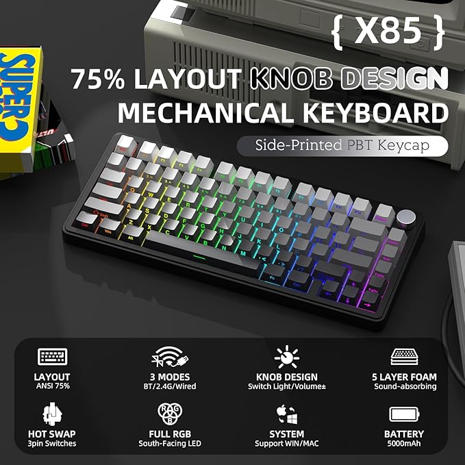 X85 Wireless Mechanical Keyboard, TKL 82 Keys Bluetooth 5.0/2.4GHz/USB-C Hot Swappable Custom Keyboard,Gasket Structure,Knob,RGB Backlit Gaming Keyboard for PC/Mac/PS4/Xbox(Black)