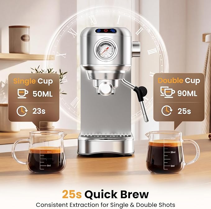 Espresso Machine 20 Bar, Compact Espresso Coffee Machine with Milk Frother, Stainless Steel Coffee Maker with 34oz Removable Water Tank, Cappuccino Machine for Home, Office, Fathers Day Dad Gifts