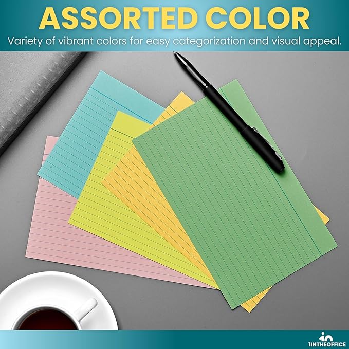 1InTheOffice Index Card 5x8 Ruled, Lined Note Cards, Flash Cards, Assorted Colors, 300/Pack